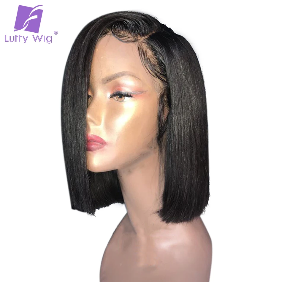 

13x6Inch Short Bob Glueless Lace Front Human Hair Wigs Indian Remy Hair Natural Black Color For Women Bleached knots Luffy