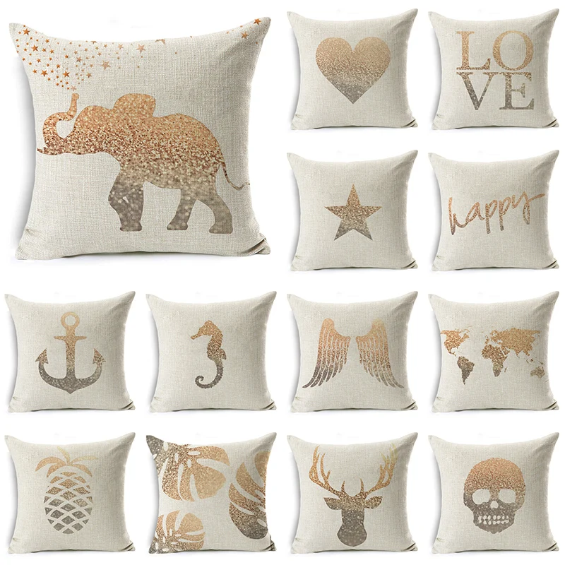 

WZH Geometric Golden Cushion Cover 45x45cm Linen Decorative Pillow Cover Sofa Bed Pillow Case