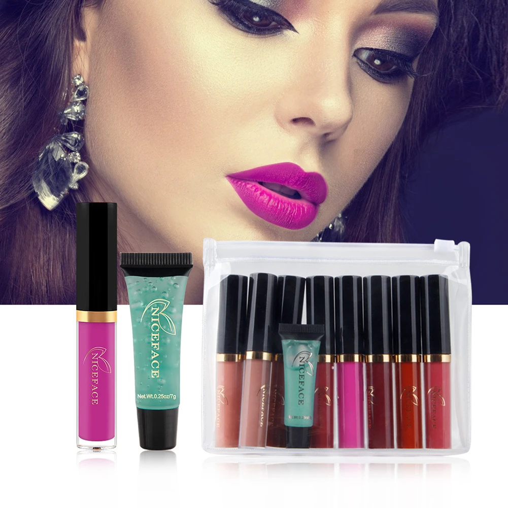 NICEFACE 8 Color Matte Lip Gloss Kit Non stick Cup Long Lasting