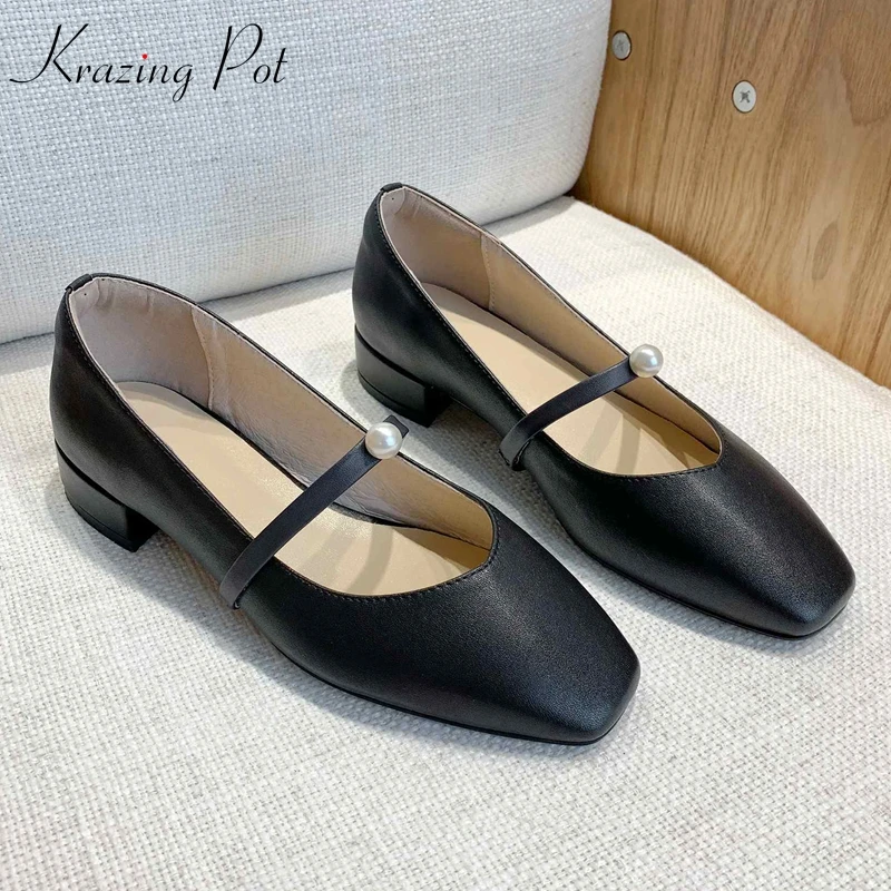 

Krazing pot full grain leather vintage square toe slip on low heels pearl-studded superstar party lovely sweet shallow pumps l33