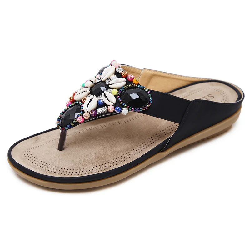 

Flat Sandals Summer Shoes Woman Beach Sandals Gemstone Floral Beaded Flip Flops Bohemia Ladies Shoes Causal Flat Sandals 305LX