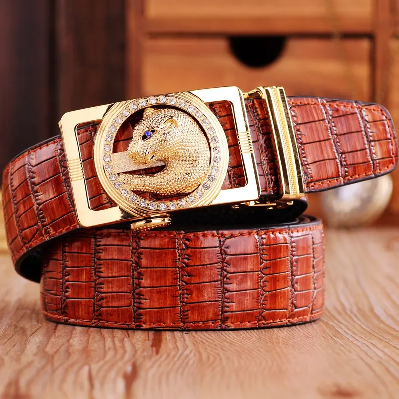 

brown crocodile style men belt luxury designer high quality genuine leather automatic buckle ceinture snake 135cm wolf jaguar