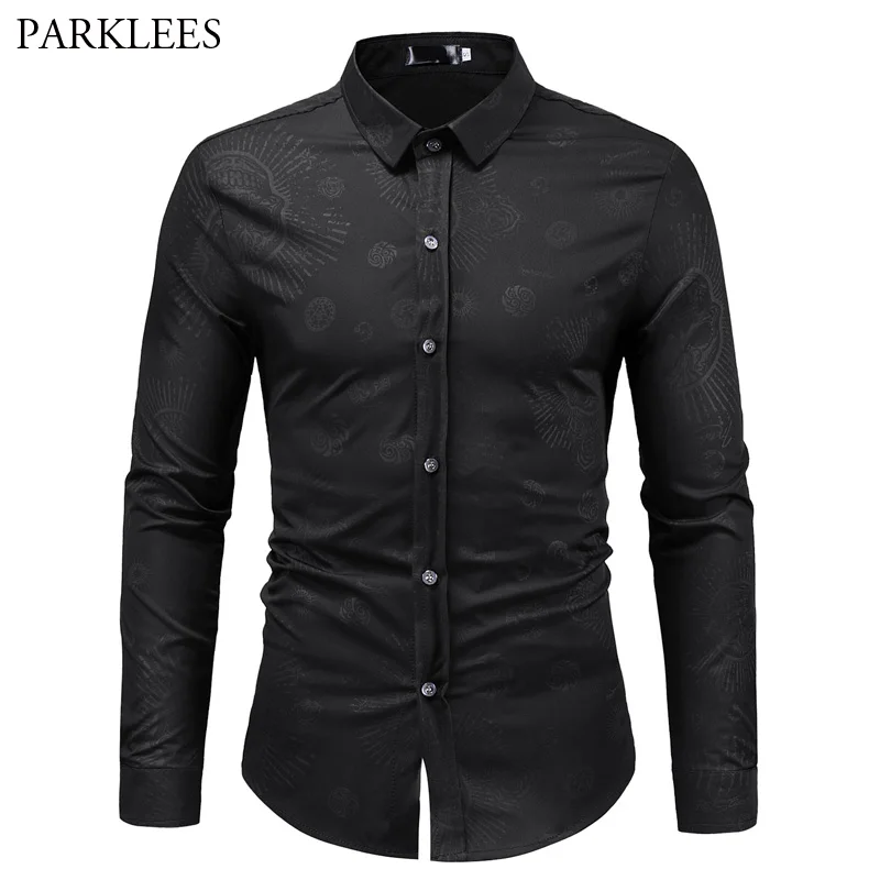Achat Hommes Hippie de Crâne Imprimer Manches Longues Chemise 2018 Automne Nouveaux Hommes Occasionnels Bouton Vers Le Bas Robe Chemises Hommes D affaires De Mariage shirt Tops