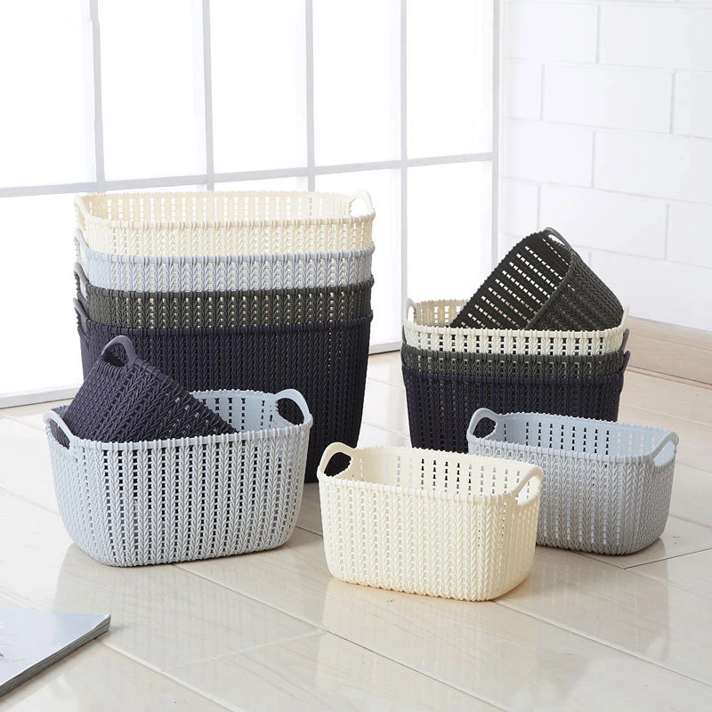 

S/M Imitation Rattan Storage Basket Container Plastic Woven Fruit Food Vegetables Bread Comestic Sundries Organizer Home Decor