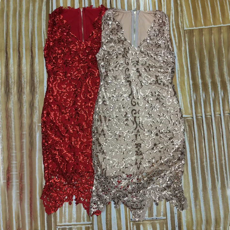 Летняя новая Женская повязка платье красное шампанское сексуальное без рукавов с v-образным вырезом Кружевное облегающее платье Vestidos вечерние платья знаменитостей