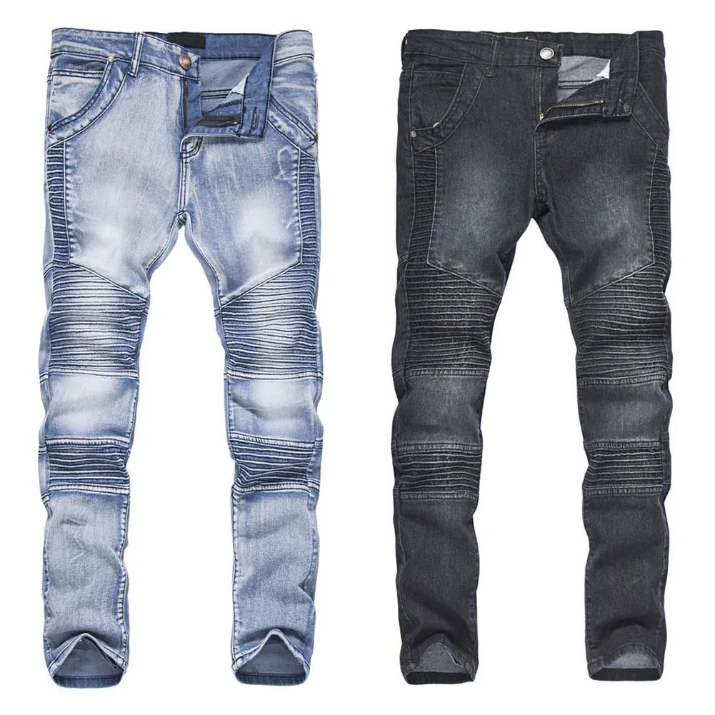 Модные Для мужчин уличные джинсы штаны рваные плиссированные облегающие скини длинные узкие брюки FS99