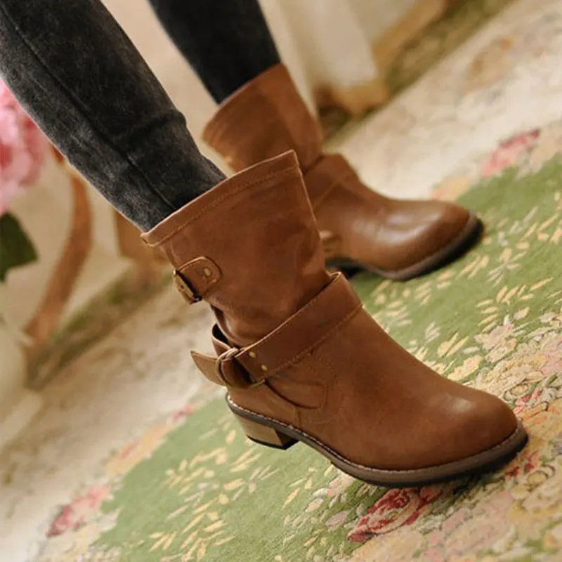 En Ligne Femmes d hiver bottes Moto superstar boucle bottes femmes chaussures 2018 de mode classique pu en cuir d hiver femmes bottes dames chaussures