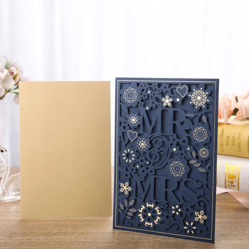 50 шт. синий лазерная резка, для свадьбы приглашения карты MR& MRS элегантные поздравительные открытки Персонализация конверты свадебные украшение для торжества