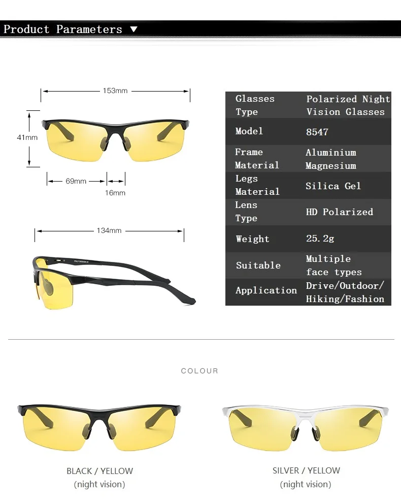 YSO очки ночного видения мужские алюминиевые магниевые поляризованные очки ночного видения для вождения автомобиля Рыбалка антибликовые 8547