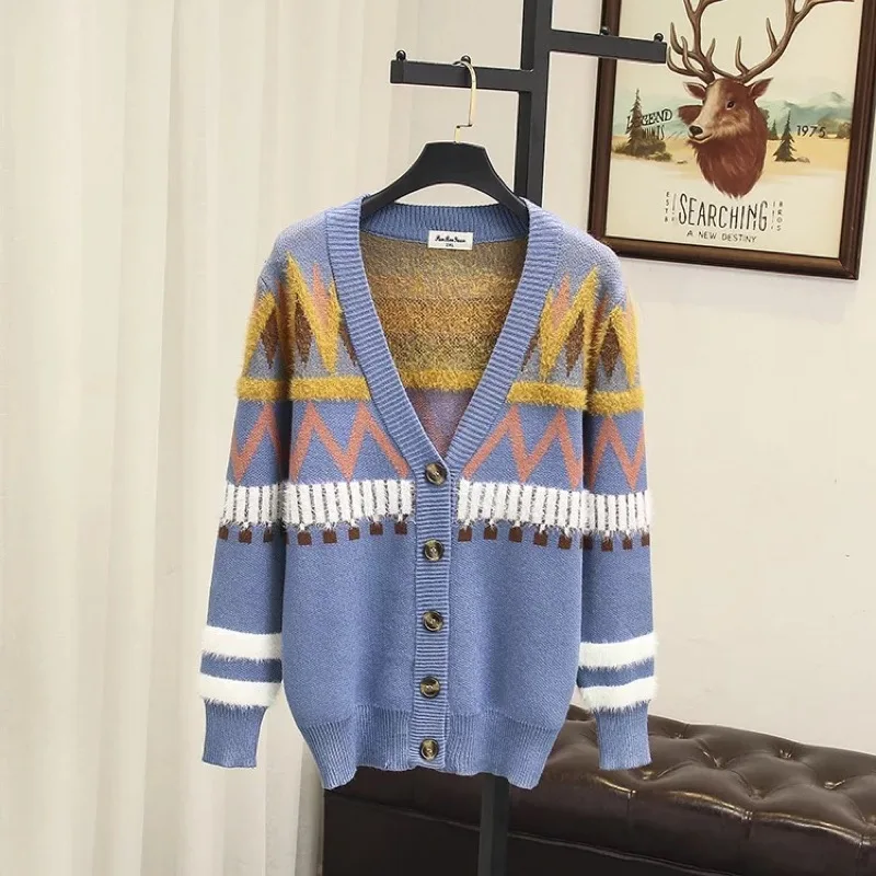 Office Patchwork Striped Sweater Tops Warm Size Blue Women Lady Ubetoku Clothing Plus khaki 2018autumn Knitted my4 Style Preppy Jacket SqXnxSYO
