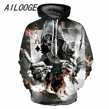

AILOOGE New Fashion Skulls Hoodies Men/Women 3d Sweatshirts With Hat Print Poker Diamonds A Skull Hooded Hoodies Hoody