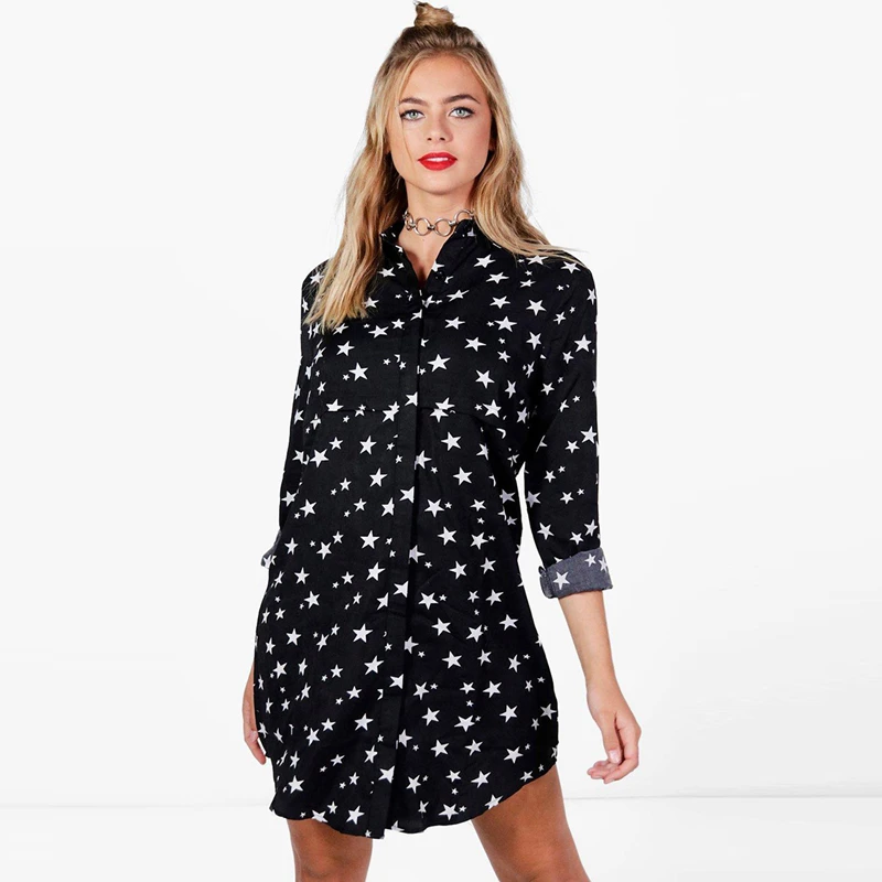 

Black long sleeve lapel collar midi shirt dresses women ladies autumn casual loose star printed button up straight dresses
