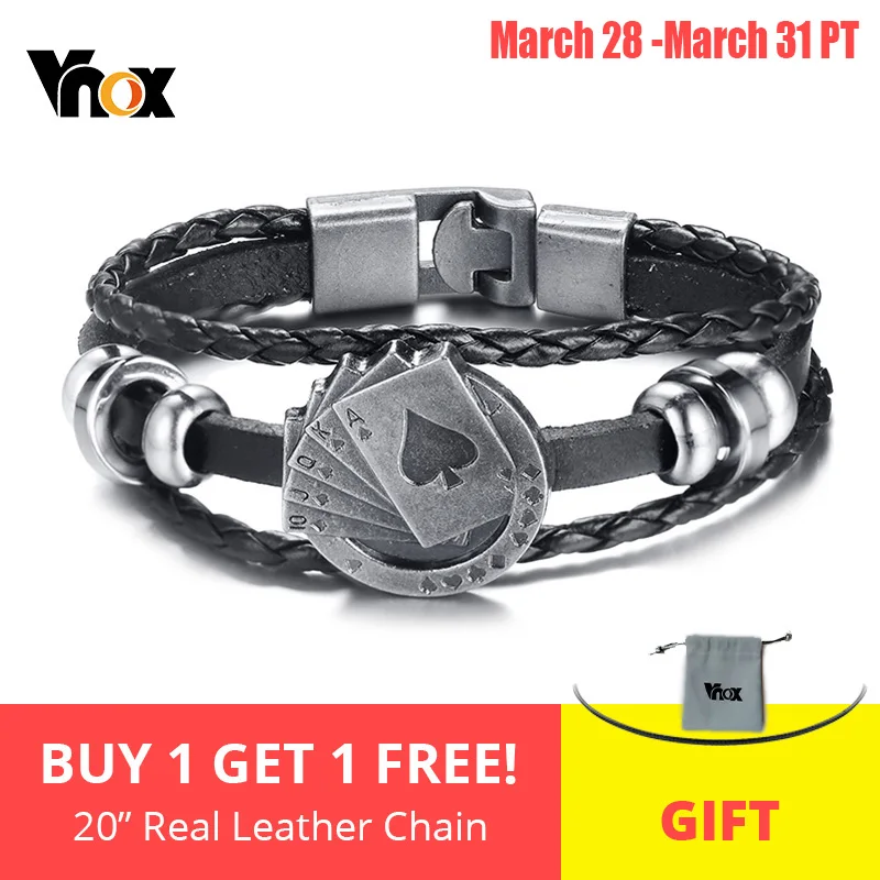 Vnox Chanceux Vintage Hommes Bracelet En Cuir de cartes à jouer Raja Vegas Charme Multicouche Tressé Femmes Pulseira Masculina 7.87″