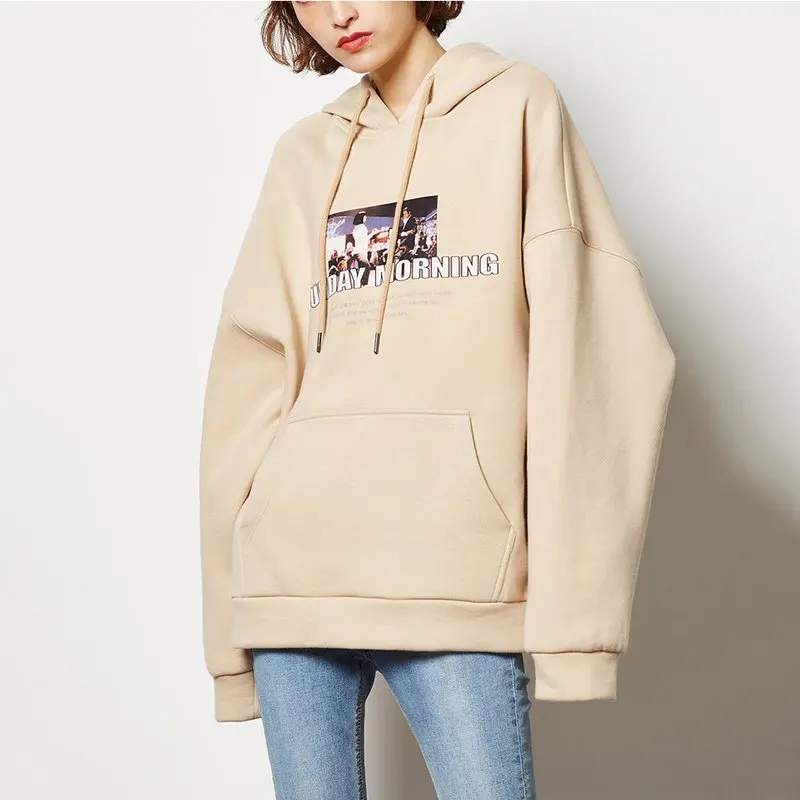 

Plus Velvet Thicken Female Hooded Sweatshirts 2018 Autumn Winter New Korean Loose Large Size Women Print Hoodies Tide LQ397