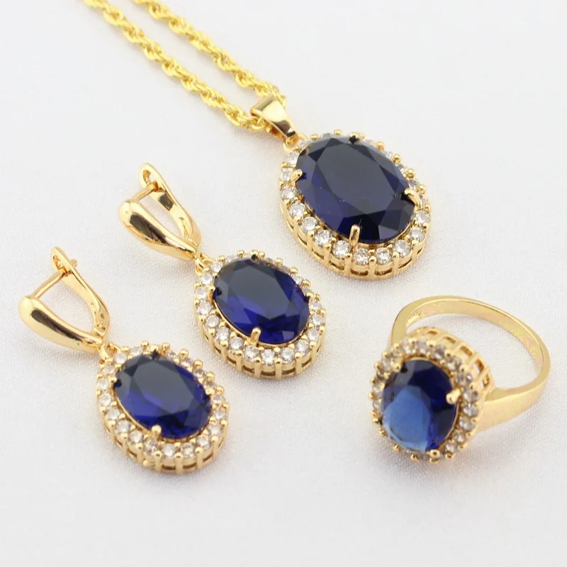 WPAITKYS синий полудрагоценный Золотой Цвет Ювелирные наборы для женщин Висячие серьги ожерелье кулон кольца подарочная коробка