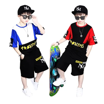 

Big Boy's Summer Sets Letters Trend Print Color Patchwork Loose Fit T-shirts+Shorts 2PCS Clothing Sets Hip Hop Dancer Sets