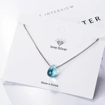 Literary Blue Crystal Water Drop Pendant Necklaces For Women Short Clavicle Chain Choker 925 Sterling Silver Jewelry Girl SAN39