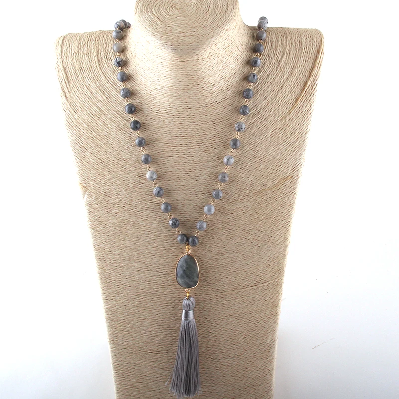 Модное ювелирное изделие из натурального камня, четки, цепочка из камня, длинное ожерелье с кисточкой, женское этническое ожерелье