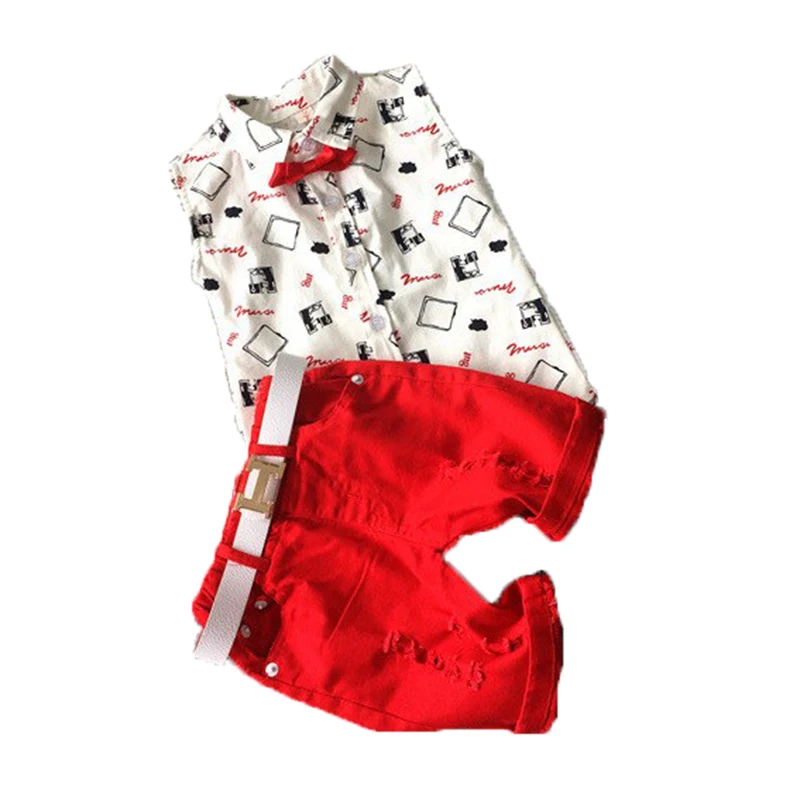 

Boys Clothing Sets 2016 New Summer Fashion Style Kids Clothing Sets Print Shirt+Red Pants+Belt 3Pcs for Boys Clothes