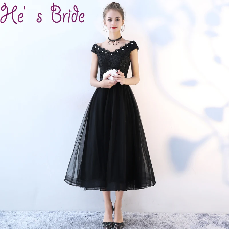 

Evening Dress Elegant Black V Neck Short Sleeves Lace Up Back A Line Ankle Length Tulle Lace Crystal Party Simple Prom Dress