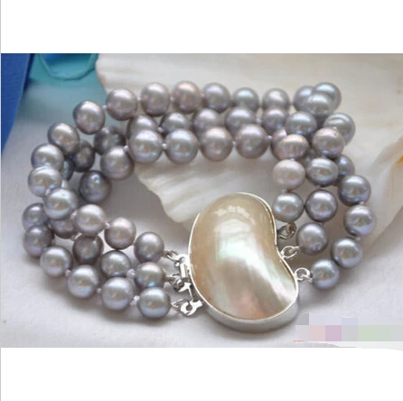 

P4051 3row 8" 9mm GRAY ROUND FRESHWATER PEARL BRACELETe SHIPPING 5.25