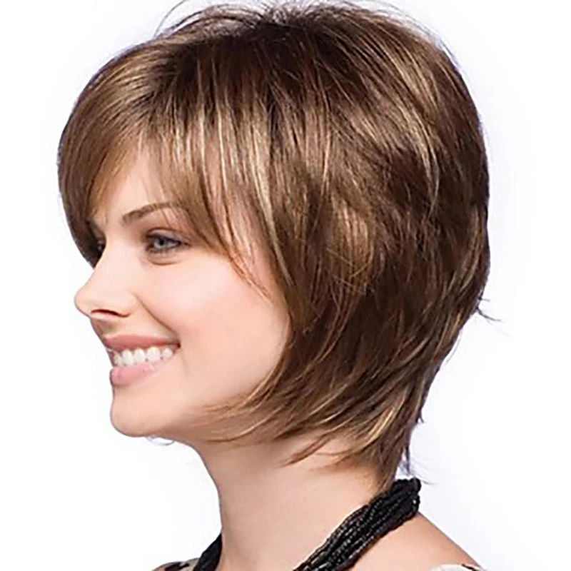 HAIRJOY женские прямые челки стиль Pixie Cut 14 дюймов Синтетические волосы парик коричневый смешанные короткие натуральные парики