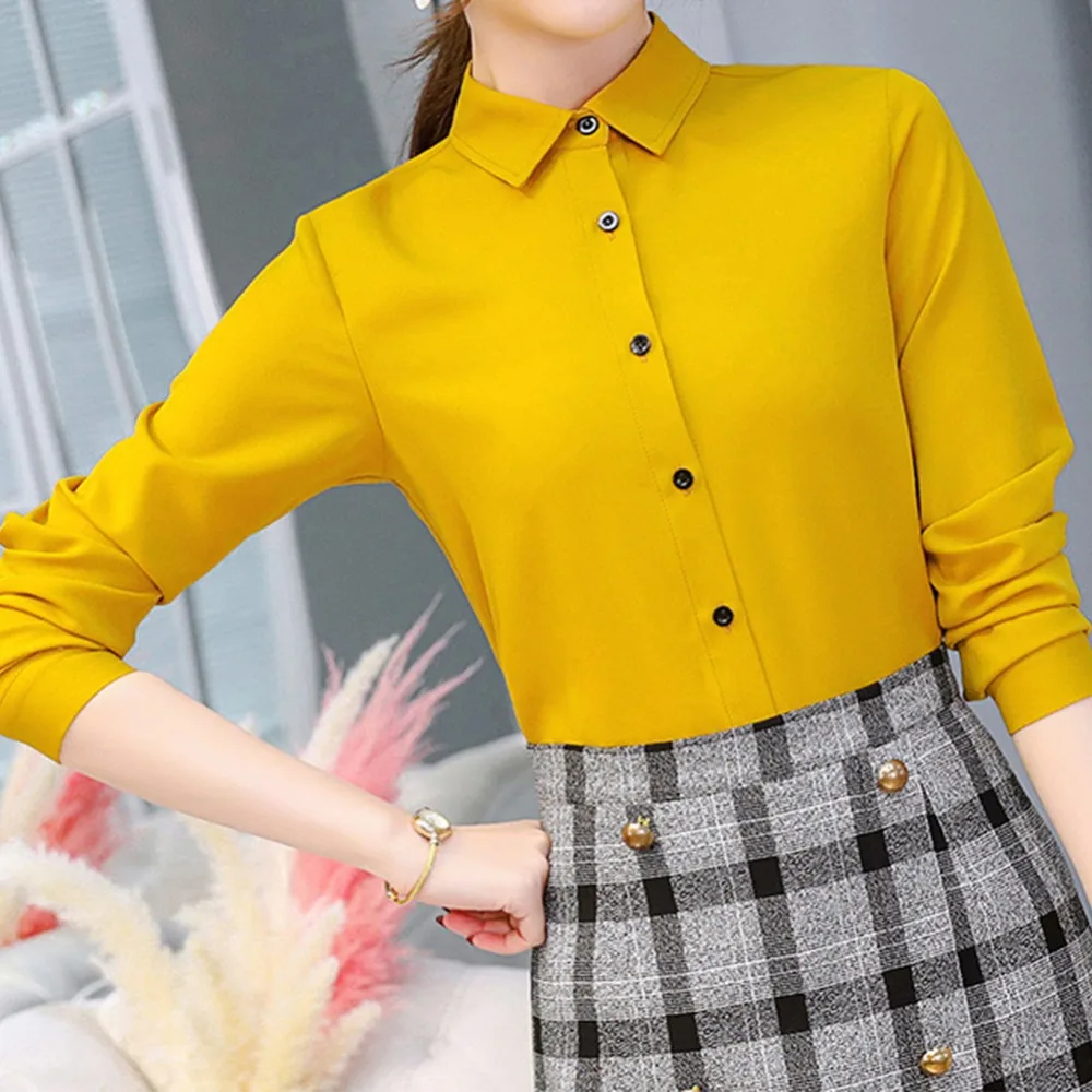 

Women Spring Summer Long Sleeve Lapel Casual Chiffon Solid Color Blouse