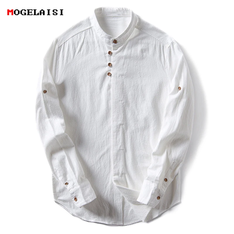 Linen Original Men Shirts Stand Linen Cotton Shirts For Men Long Solid Men's Shirt Casual Shirt Slim Asian Plus size M-5XL