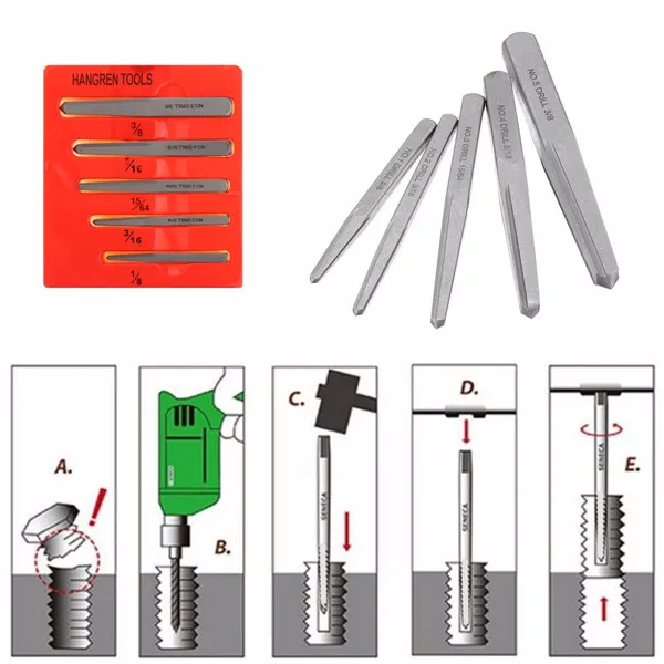 5 шт. 1/8 3/16 15/64 5/16 3/8 дюймов поврежденный гайка устройство для извлечения болтов комплект сломанный болт серьги-гвоздики квадратной формы, инструмент для удаления Комплект Щепка