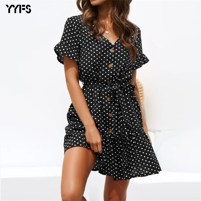 

Chiffon Mini Party Dresses 2019 Summer Short Dress Women Short Sleeve Beach Dot Print Dress Sexy V Neck Button Ladies Vestidos