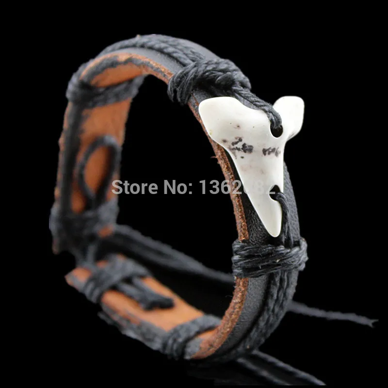

Cool Handmade Simulation Bone Carving Shark Tooth Leather Bracelets Bangle Gift MB80