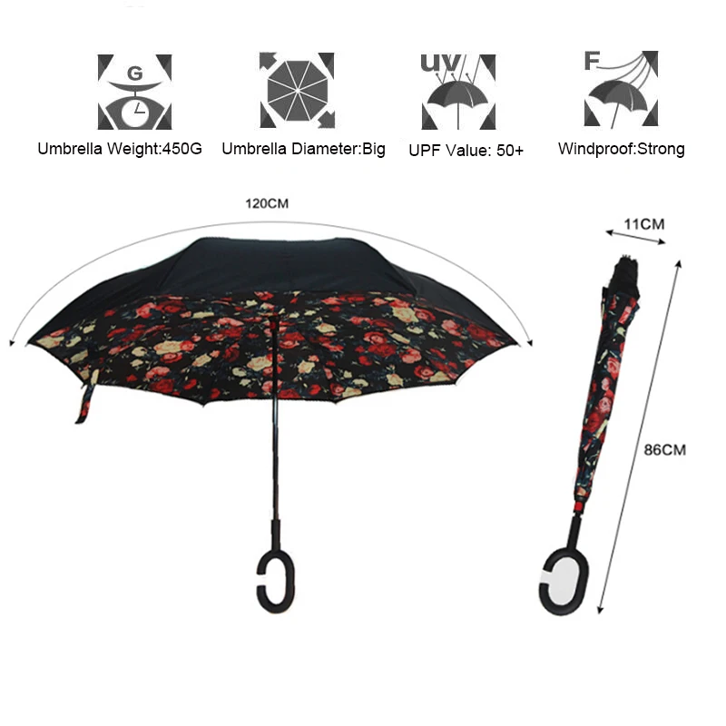 DropShipping Folding Reverse Umbrella Double Layer Inverted Windproof Rain Car Umbrellas For Women Man,Sunflower