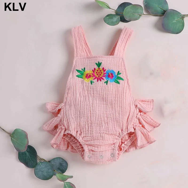 

Infant Newborn Baby Girl Clothes Summer Embroidered Wide Strap Backless Ruffled Cotton Romper Jumpsuit