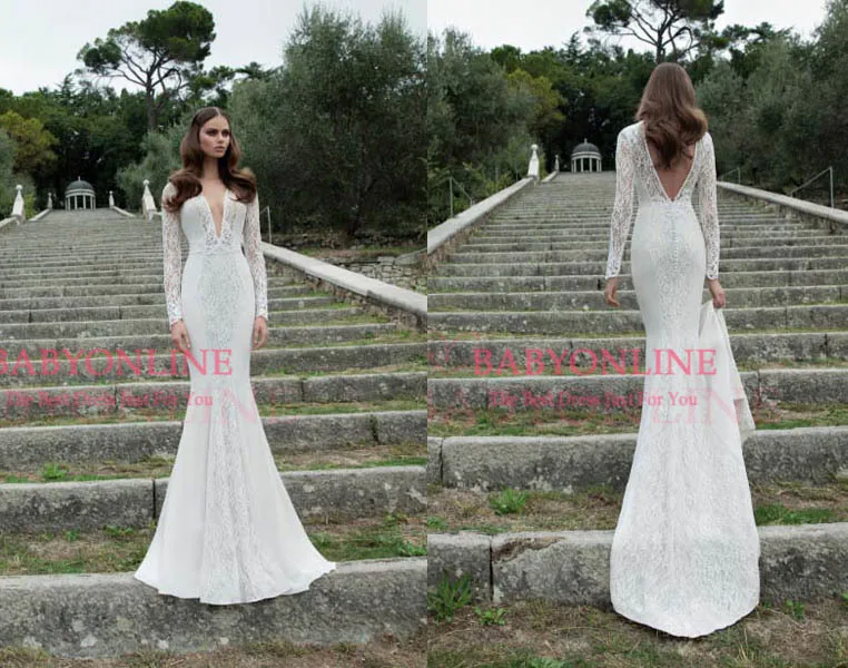 2014 Vintage Mermaid Long Sleeve Wedding Dresses V-neck Lace Sweep Train Sexy Sheath Summer Bridal Gowns BO3927 | Свадьбы и