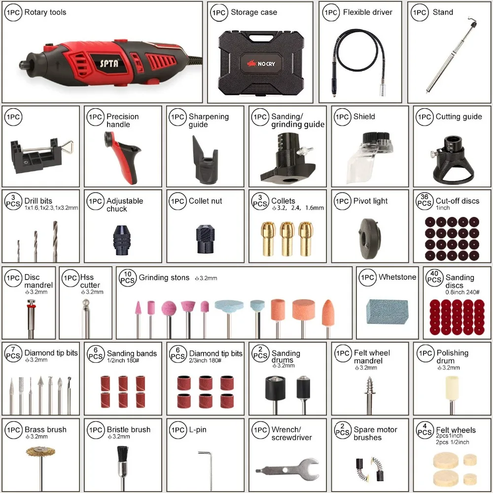 ЗИП роторный инструмент комплект с 170 W/1.4A Электрический мотор, универсальный 3-кулачковый, 10 насадок и 125 аксессуары для резьбы по дереву для шлифования