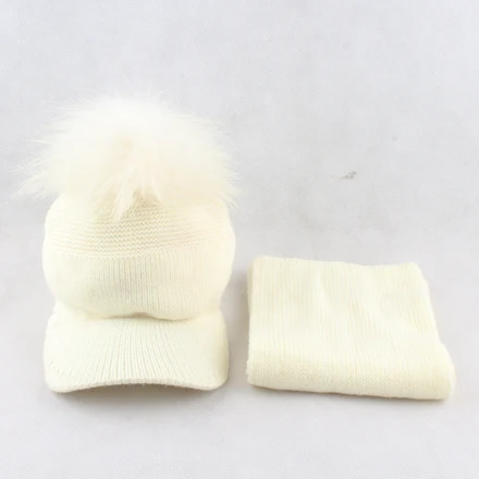 Для мальчиков и девочек натуральный мех Pom бини зимняя теплая шарф шапка для детей вязаная бейсбольная шапка шарф комплект - Цвет: white fur pom
