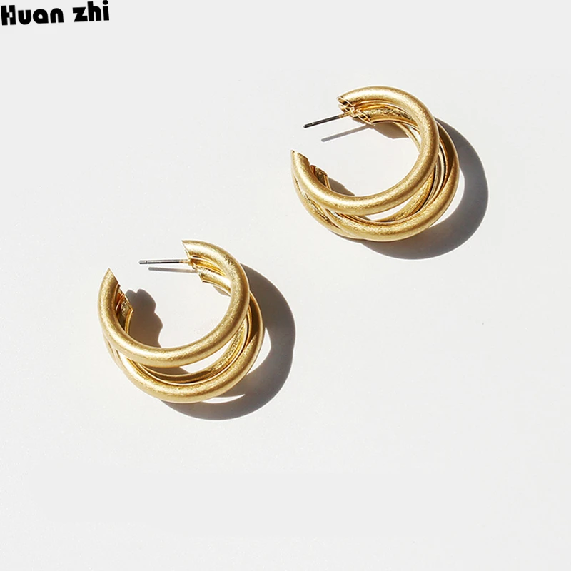 

HUANZHI Vintage Design Matte Metal Gold Three Layer Copper Tube Geometric C Shape Round Circle Hoop Earrings for Women Girl