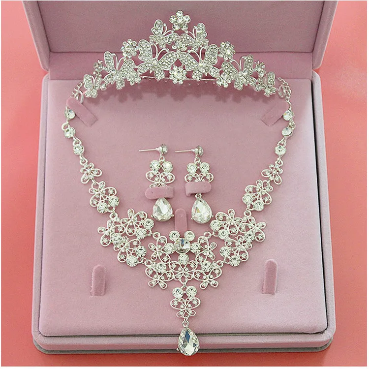 

Wedding Jewelry Sets Crystal Water Drop Bridal Jewelry Set For Women Silver Choker Necklace Earrings Butterfly Crown Tiaras Set