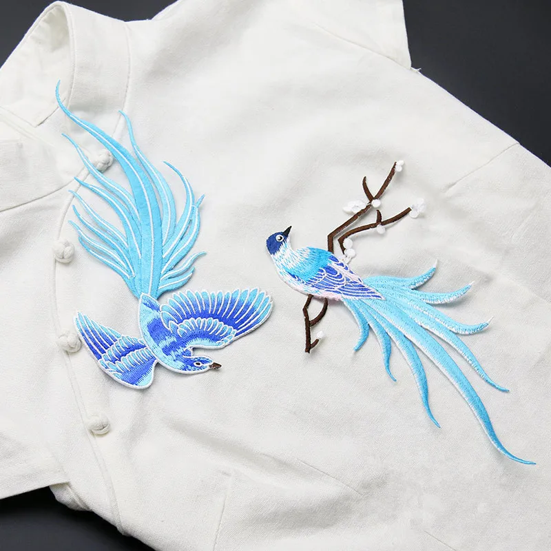 

Blue Bird of paradise Patches Lace Fabric Embroidery Patches Applique Motifs Sewing Crafts Cloth Cheongsam Ornament Fabric