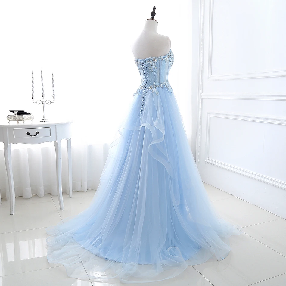 Light Blue Tulle Lace Appliqued Long Prom Dress