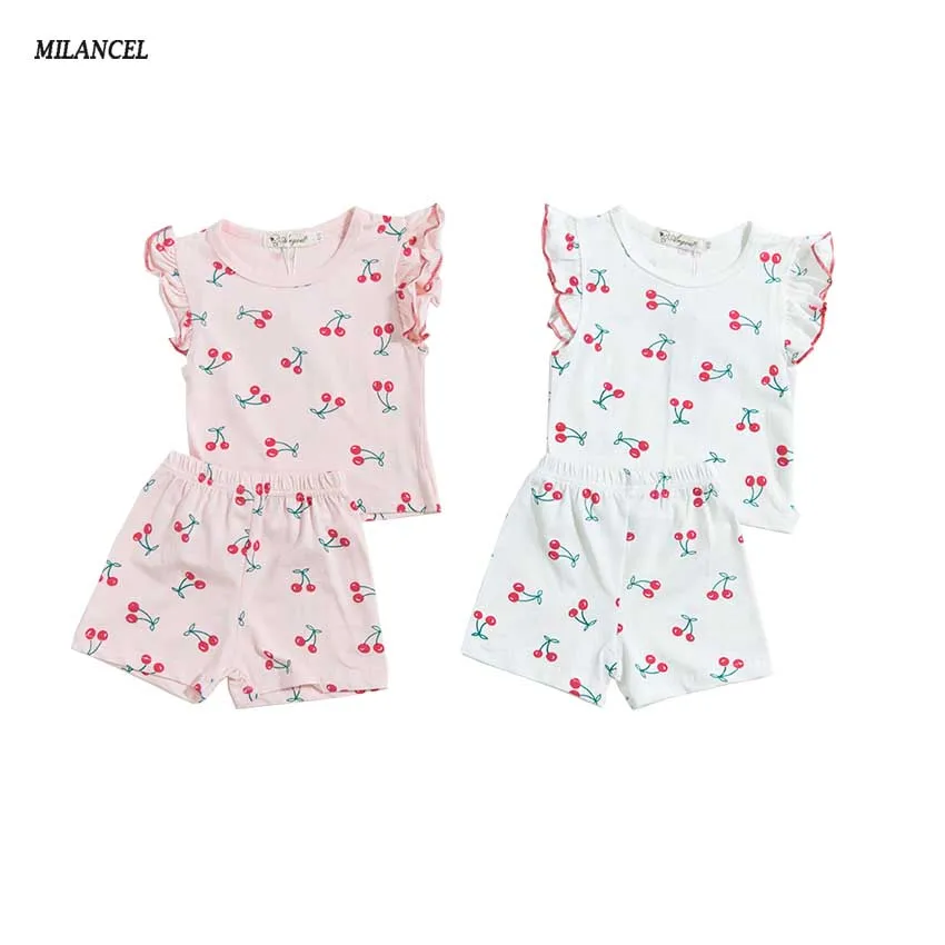 

MILANCEl Baby Clothing Cute Cherry Print Infant Summer Girls Clothes Set Ruffle Sleeve Tee Shorts 2 pcs Boys Set