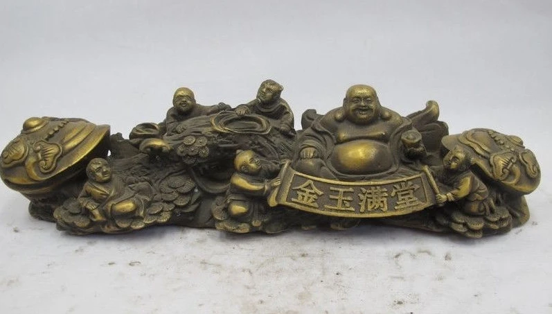 

Chinese Buddhism Bronze Ruyi pine tree Five Kids Boy Maitreya Buddha Statue a 0518