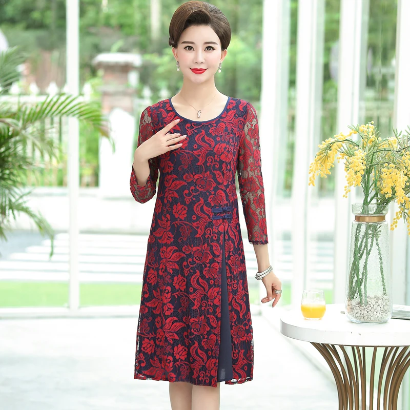 

New Vintage Hollow Out Lace Dress Women Elegant Long Sleeve Red Dresses Spring Autumn Chic Party Sexy Casual Slim Vestidos 5XL