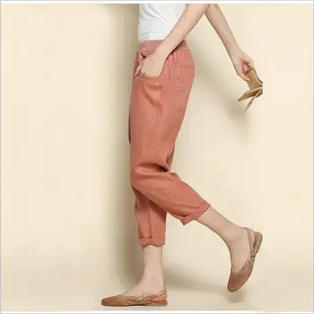 

Womens Loose Casual Trousers Cotton Linen Harem Pants Elastic Mid-Wasit Leggings Plus Size 3XL Pantalons Female LG56