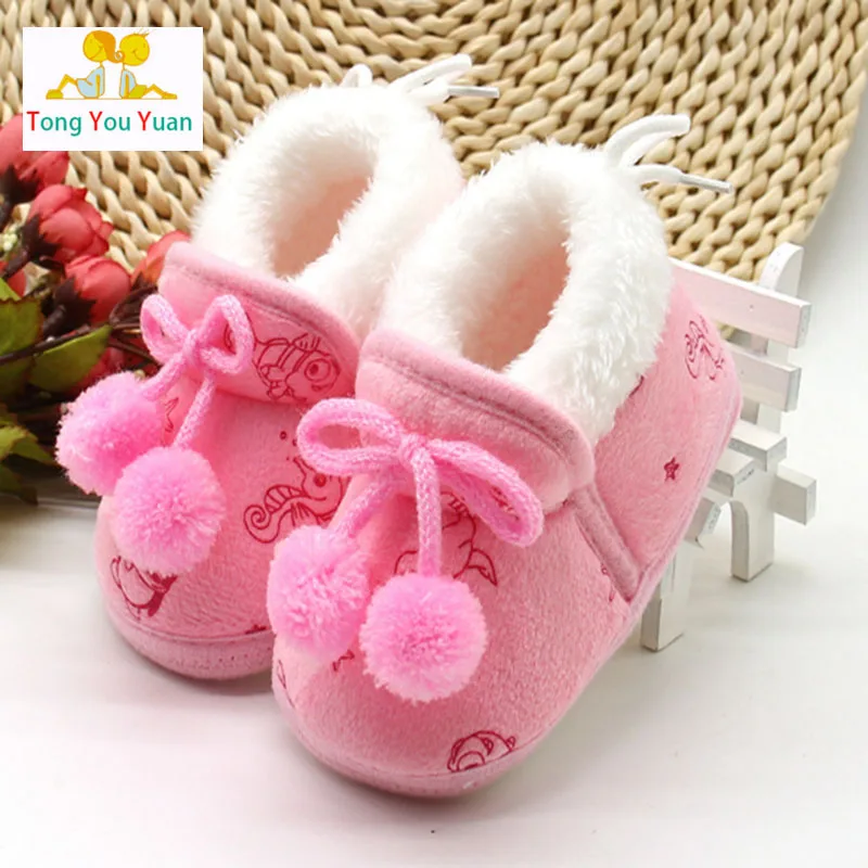 Image Pink blue yellow cute plus cashmere bow toddler slippers Mianxie small ball warm cotton wool bed shoes newborn baby boy girl xz1