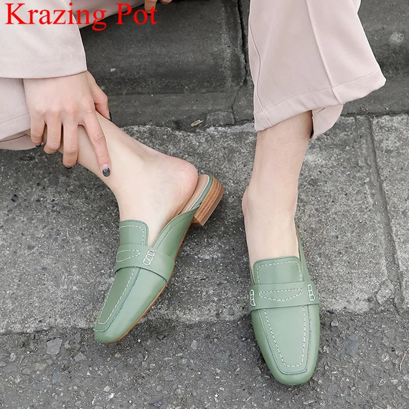 

Krazing Pot genuine leather square toe slip on slingback mules sewing casual women slippers solid comfortable summer shoes L3f1