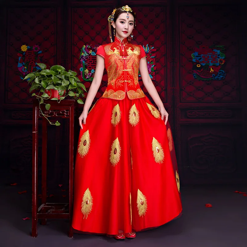 Красный невесты Qipao Феникс Вышивка женщина Традиционный китайский свадебное платье Для женщин Cheongsam Восточный Винтаж Vestidos Formales