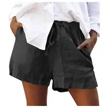 Льняные шорты женские повседневные плотные шорты плюс размер на шнуровке с эластичной талией байкерские Короткие повседневные летние женские шорты py20