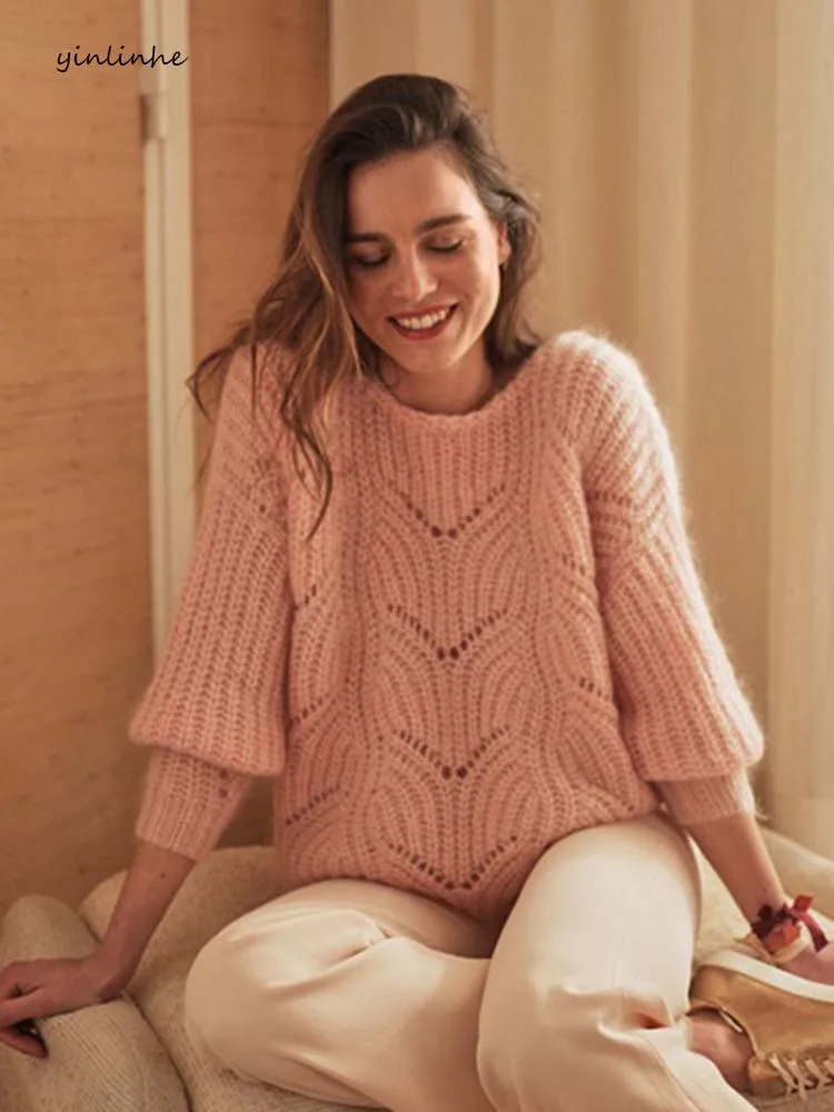 Yinlinhe розовый свободный осенний свитер женский длинный рукав выдалбливают зимние женские трикотажные пуловеры Джемперы женская повседневная одежда 120
