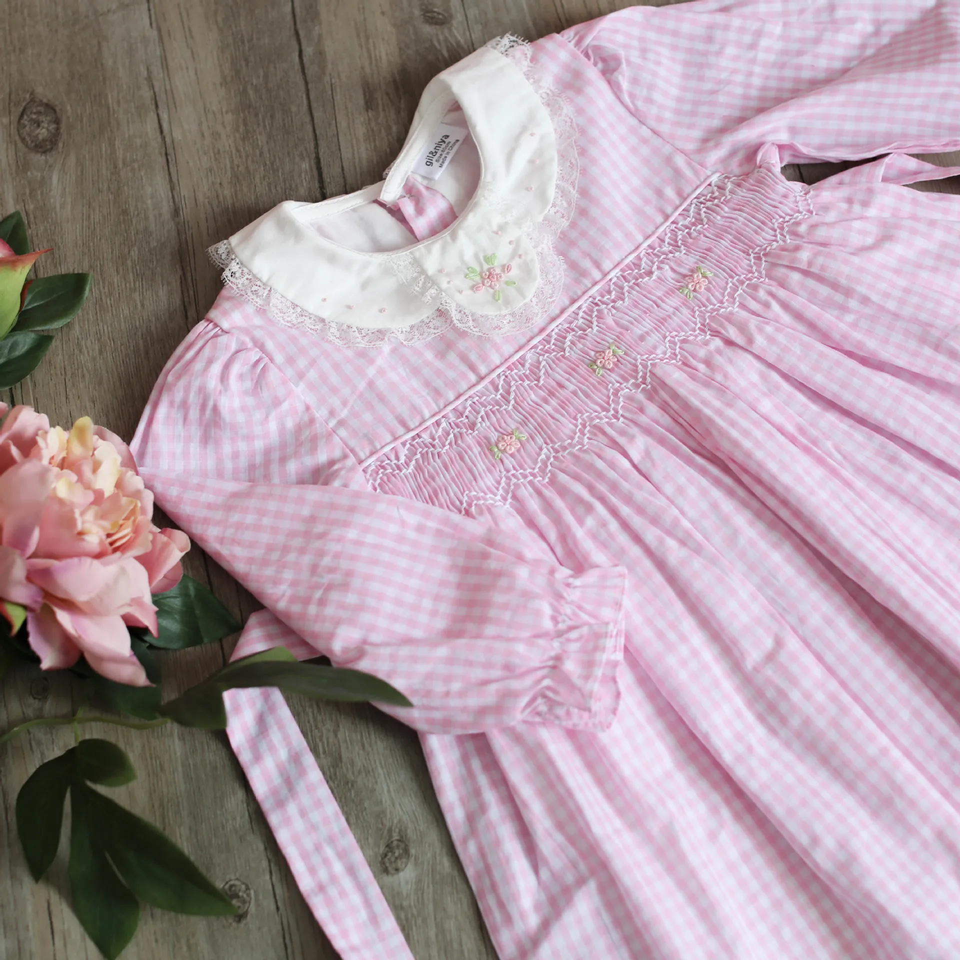 Платье для девочек, розовые и синие платья в клетку с длинными рукавами и вышивкой для малышей
